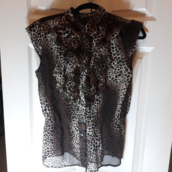 Sheer Animal Print Button Down Ruffle Blouse - Picture 4 of 6
